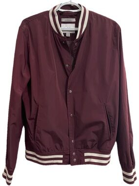 Goodfellow & Co Burgundy Bomber Jacket with Cream Stripe Trim